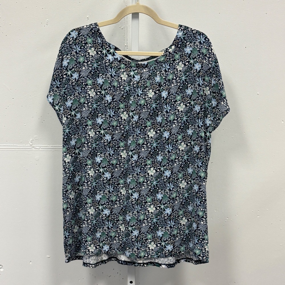 Loft Womens XXL Floral Short Sleeve Mixed Media Blouse Blue Green Cutout on Back